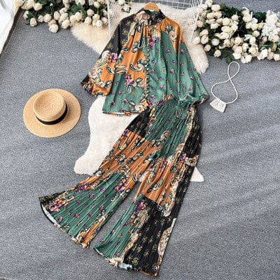 One size Fashion print set  lantern sleeve half high collar loose fitting shirt cardigan+wide leg pleated pants two-piece set