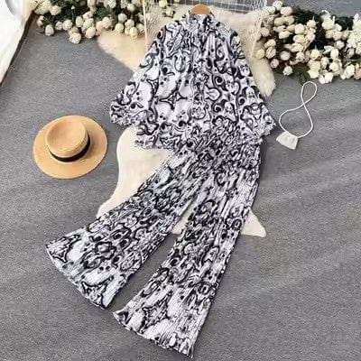 One size Fashion print set  lantern sleeve half high collar loose fitting shirt cardigan+wide leg pleated pants two-piece set