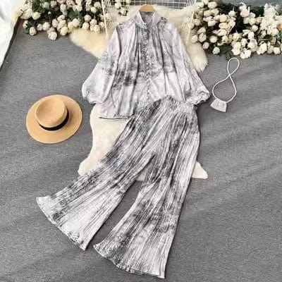 One size Fashion print set  lantern sleeve half high collar loose fitting shirt cardigan+wide leg pleated pants two-piece set