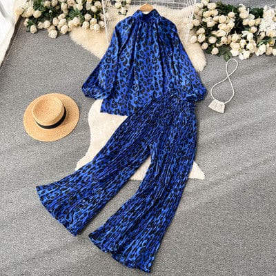 One size Fashion print set  lantern sleeve half high collar loose fitting shirt cardigan+wide leg pleated pants two-piece set