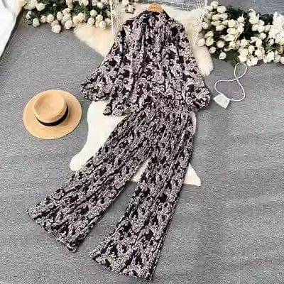 One size Fashion print set  lantern sleeve half high collar loose fitting shirt cardigan+wide leg pleated pants two-piece set