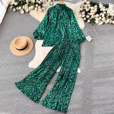One size Fashion print set  lantern sleeve half high collar loose fitting shirt cardigan+wide leg pleated pants two-piece set