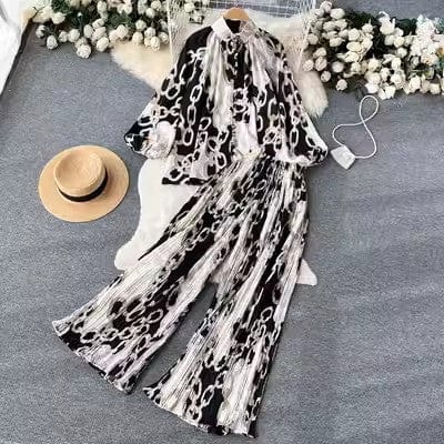 One size Fashion print set  lantern sleeve half high collar loose fitting shirt cardigan+wide leg pleated pants two-piece set