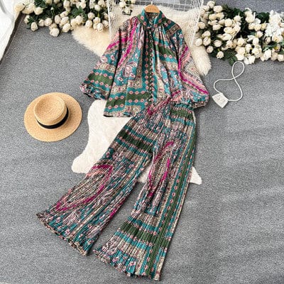 One size Fashion print set  lantern sleeve half high collar loose fitting shirt cardigan+wide leg pleated pants two-piece set