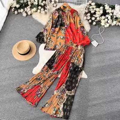 One size Fashion print set  lantern sleeve half high collar loose fitting shirt cardigan+wide leg pleated pants two-piece set