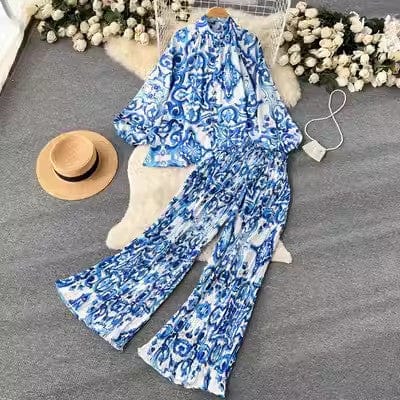One size Fashion print set  lantern sleeve half high collar loose fitting shirt cardigan+wide leg pleated pants two-piece set