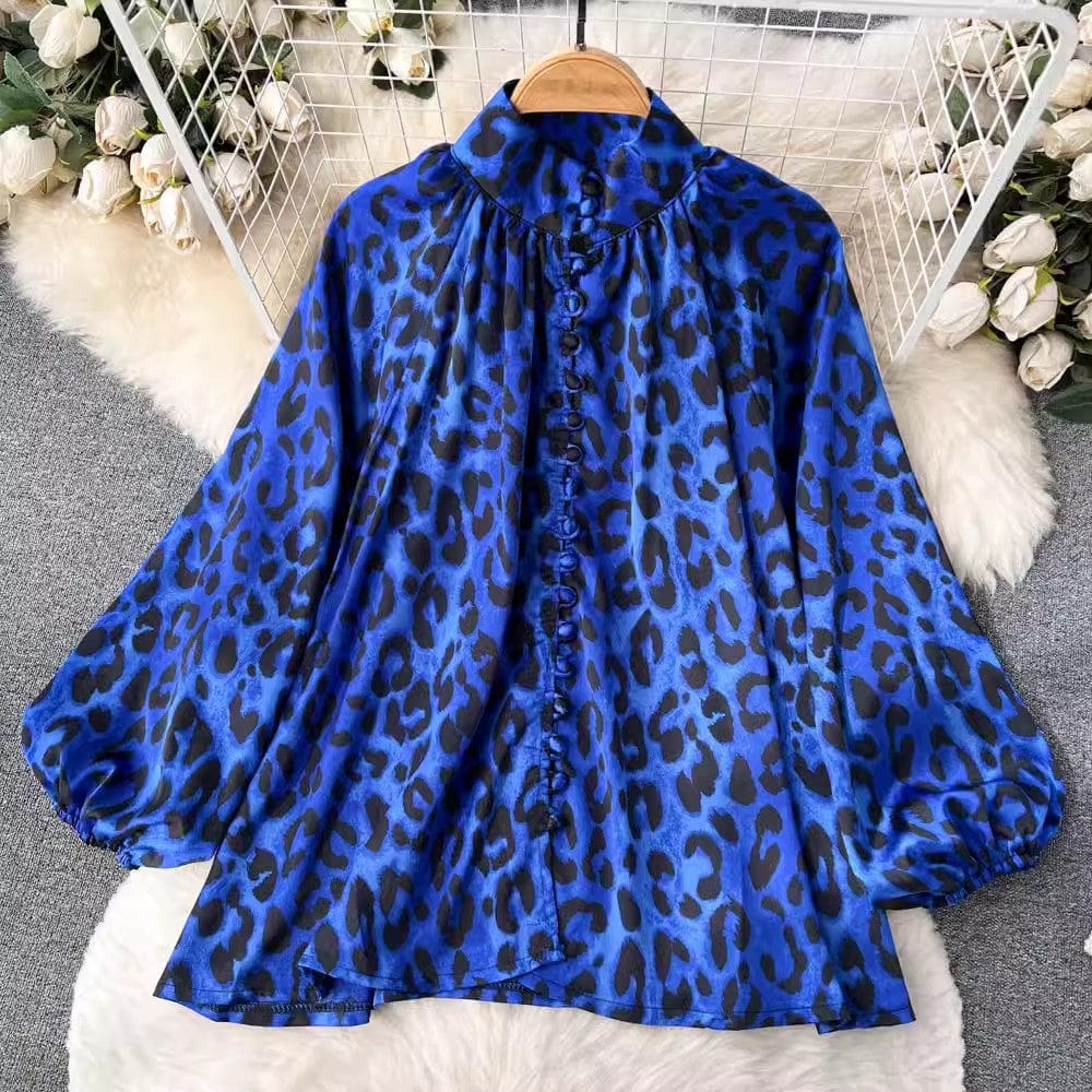 One size Fashion print set  lantern sleeve half high collar loose fitting shirt cardigan+wide leg pleated pants two-piece set