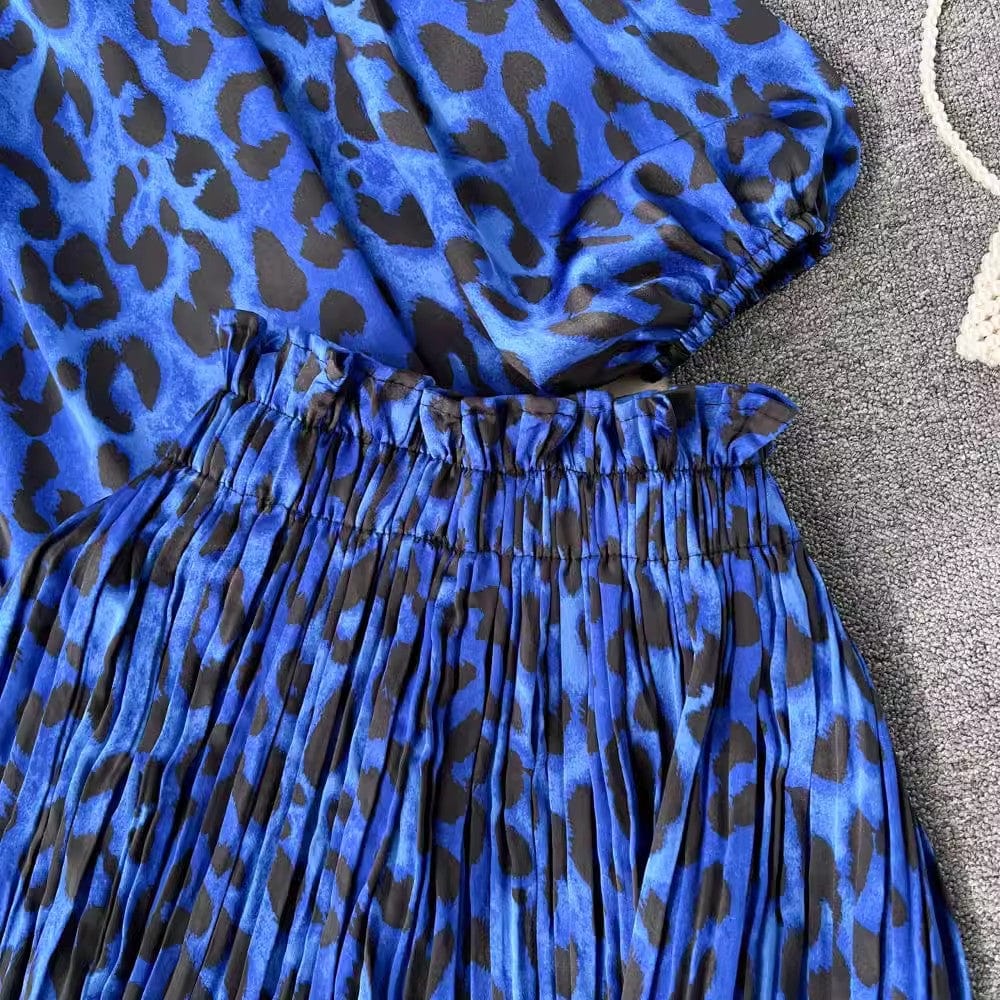 One size Fashion print set  lantern sleeve half high collar loose fitting shirt cardigan+wide leg pleated pants two-piece set