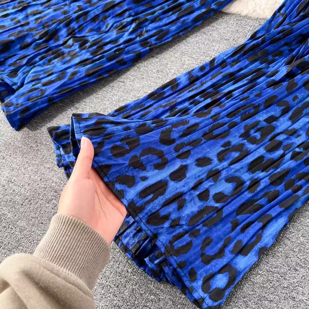 One size Fashion print set  lantern sleeve half high collar loose fitting shirt cardigan+wide leg pleated pants two-piece set