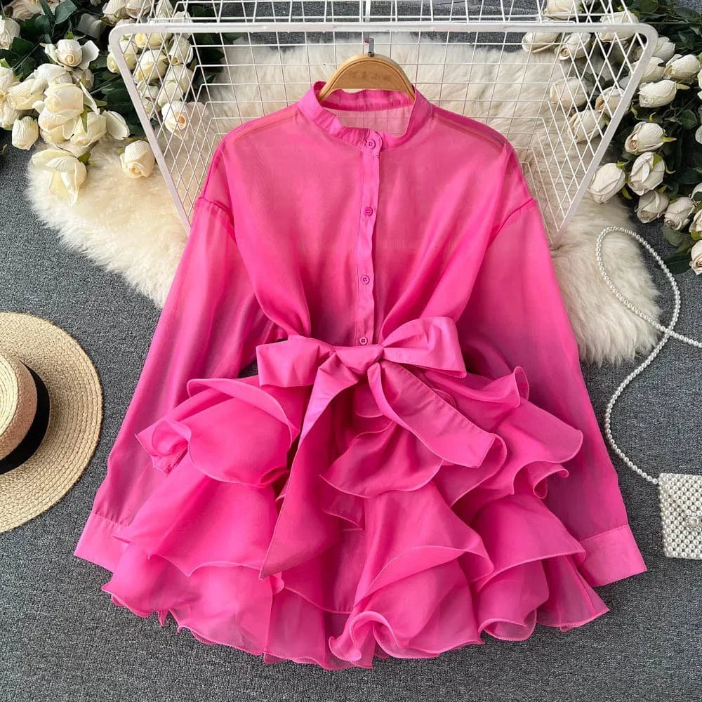 One size fits all / 1 New Arrival Autumn Fashion Chiffon Shirt Solid Color Ruffles Dress Bow Tie Blouse