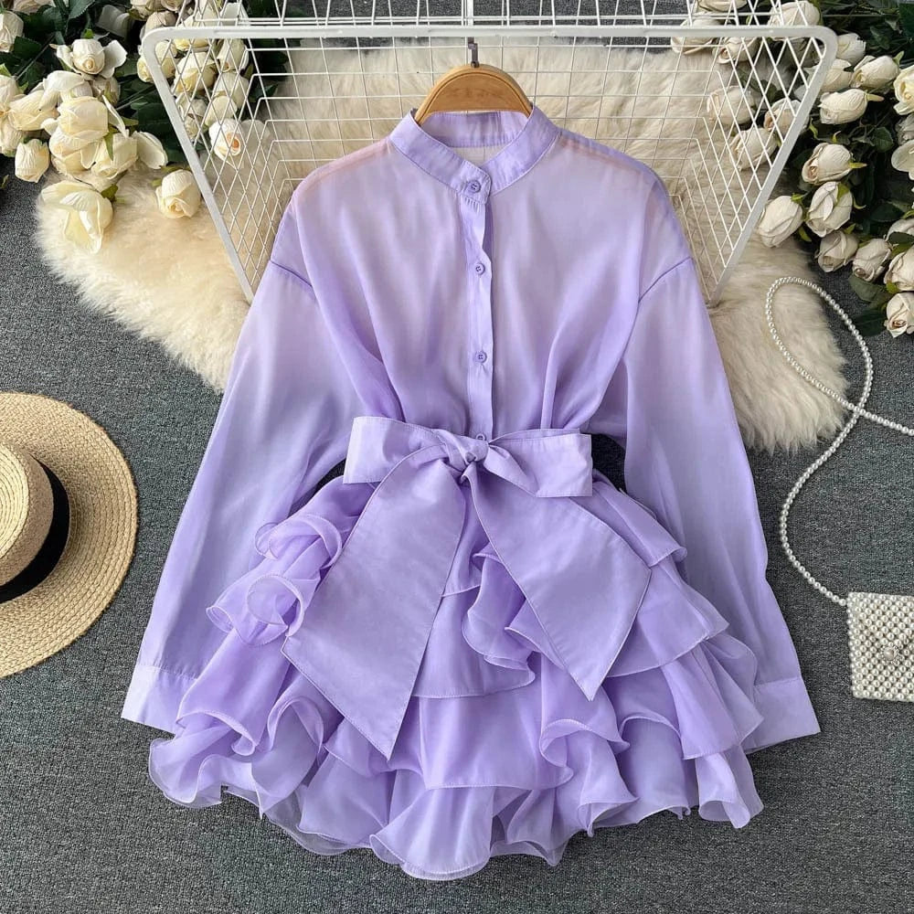 One size fits all / 2 New Arrival Autumn Fashion Chiffon Shirt Solid Color Ruffles Dress Bow Tie Blouse