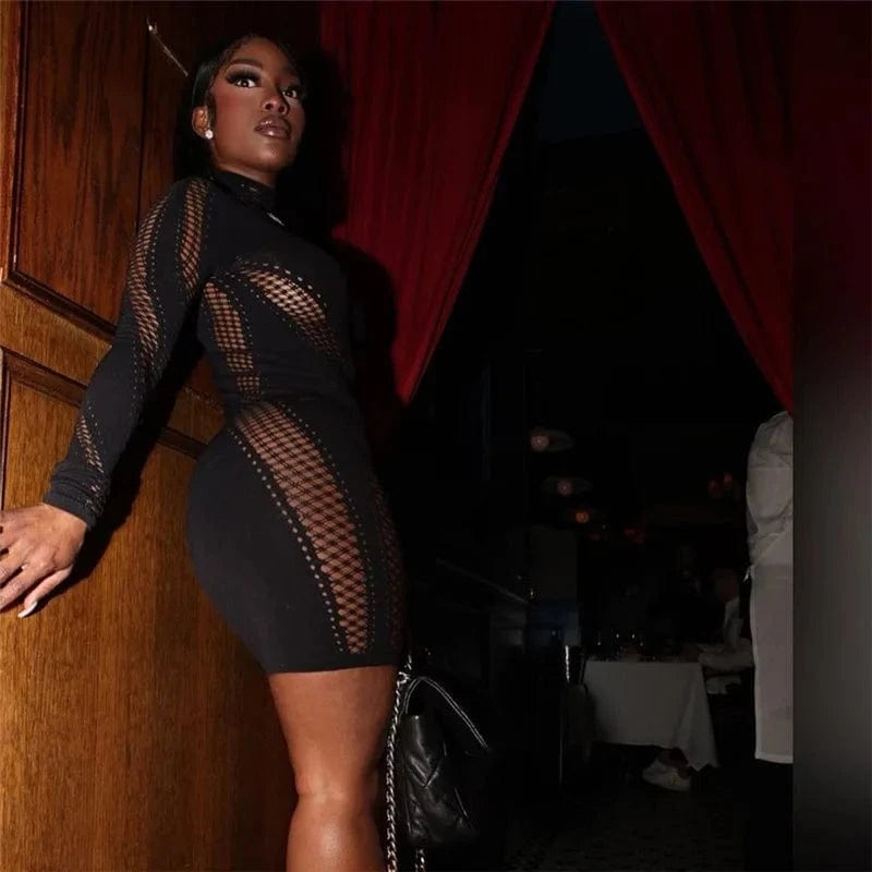 One size fits all / 23DS010203 Black CUTENOVA 23DS010203 Fashion 2024 Sexy Long Sleeve Turtleneck Mini Dress Bodycon Club Dresses Women's Dresses