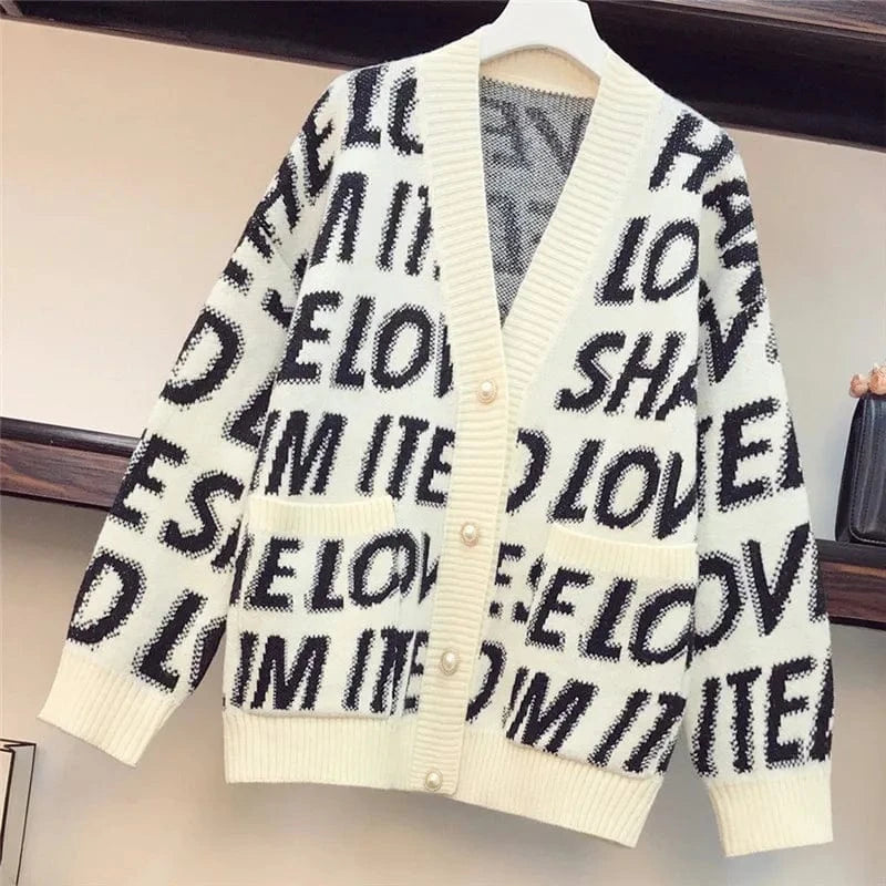 One size fits all / 23TP1227 white CUTENOVA 23TP1227 Chic Knit Letter V-Neck Women Drop-Shoulder Casual 2024 Girls Women's Sweaters