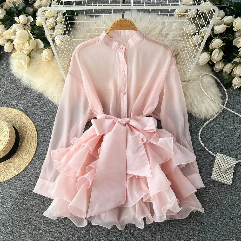 One size fits all / 5 New Arrival Autumn Fashion Chiffon Shirt Solid Color Ruffles Dress Bow Tie Blouse