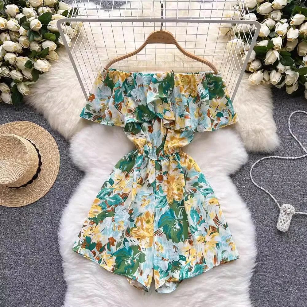 One size  Floral jumpsuit Summer Fashion Ruffle Edge Off Shoulder Off Shoulder Waist Wide Leg jumpsuit