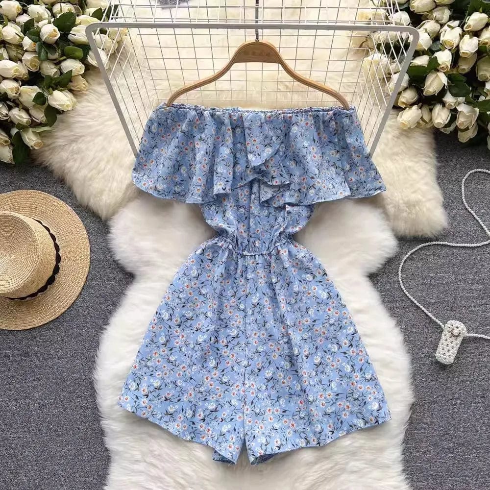 One size  Floral jumpsuit Summer Fashion Ruffle Edge Off Shoulder Off Shoulder Waist Wide Leg jumpsuit