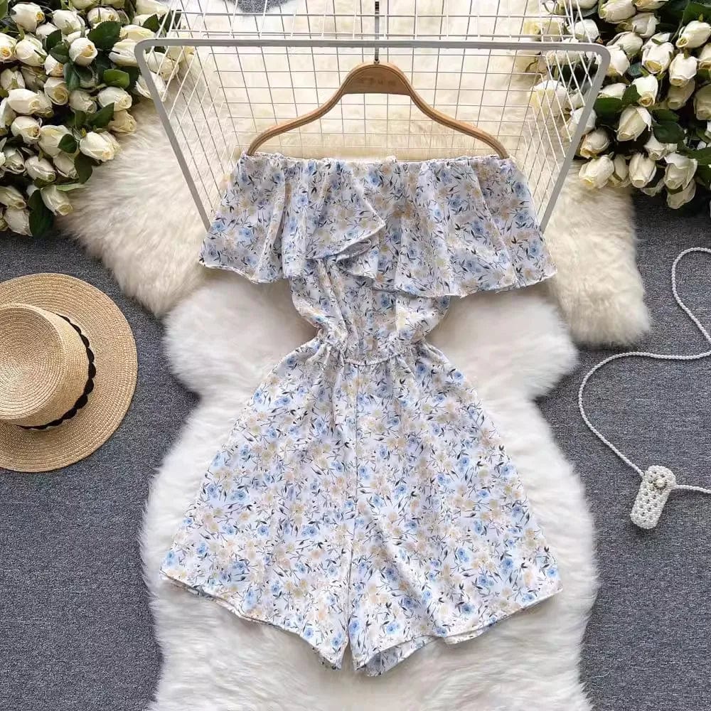 One size  Floral jumpsuit Summer Fashion Ruffle Edge Off Shoulder Off Shoulder Waist Wide Leg jumpsuit