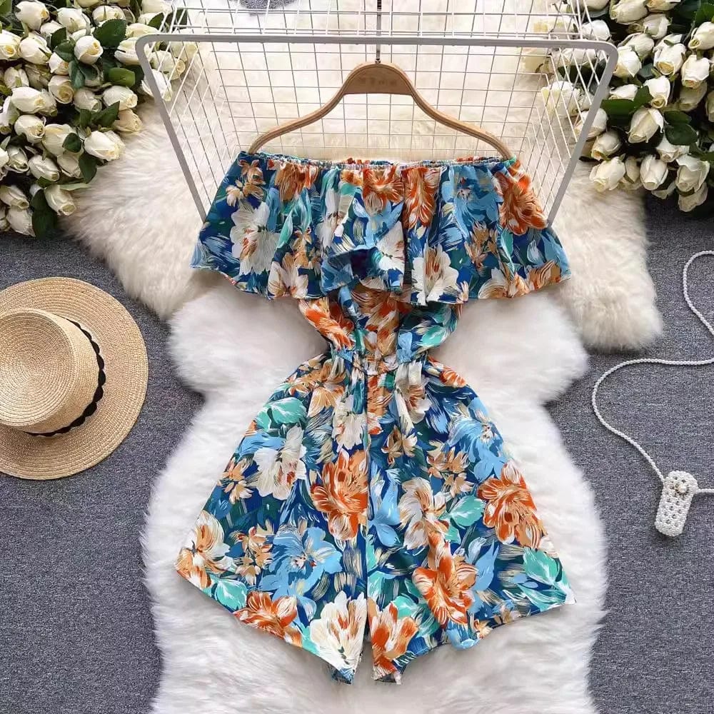 One size  Floral jumpsuit Summer Fashion Ruffle Edge Off Shoulder Off Shoulder Waist Wide Leg jumpsuit