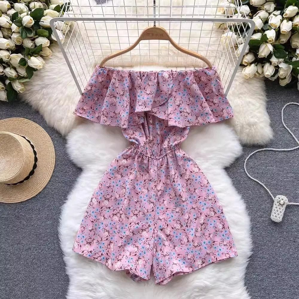 One size  Floral jumpsuit Summer Fashion Ruffle Edge Off Shoulder Off Shoulder Waist Wide Leg jumpsuit