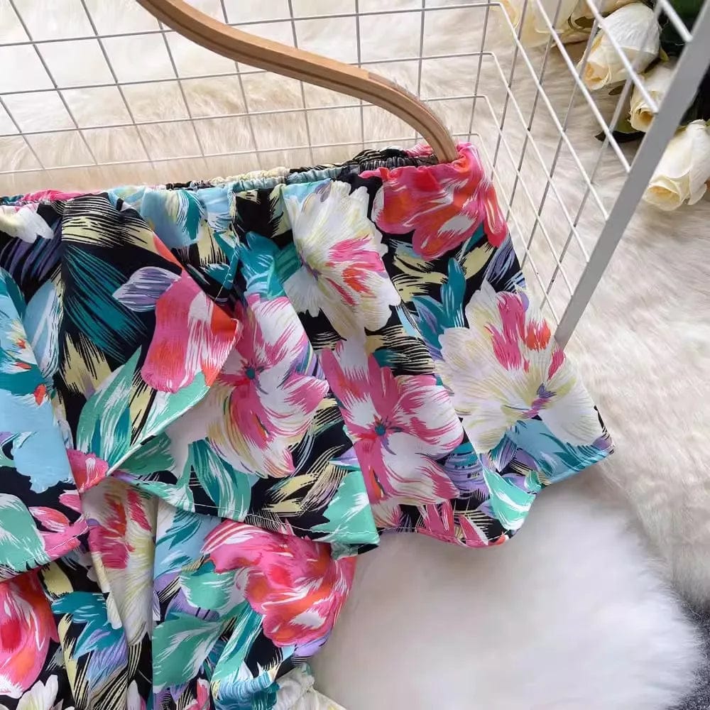 One size  Floral jumpsuit Summer Fashion Ruffle Edge Off Shoulder Off Shoulder Waist Wide Leg jumpsuit