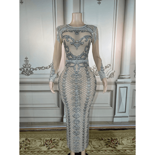 One size / FX220605 slive gray Fashion Clothing Women Tassel Shoulder Wedding Dresses Luxury Pattern Glitter Crystal Pearls Ladies Performance Club Dresses