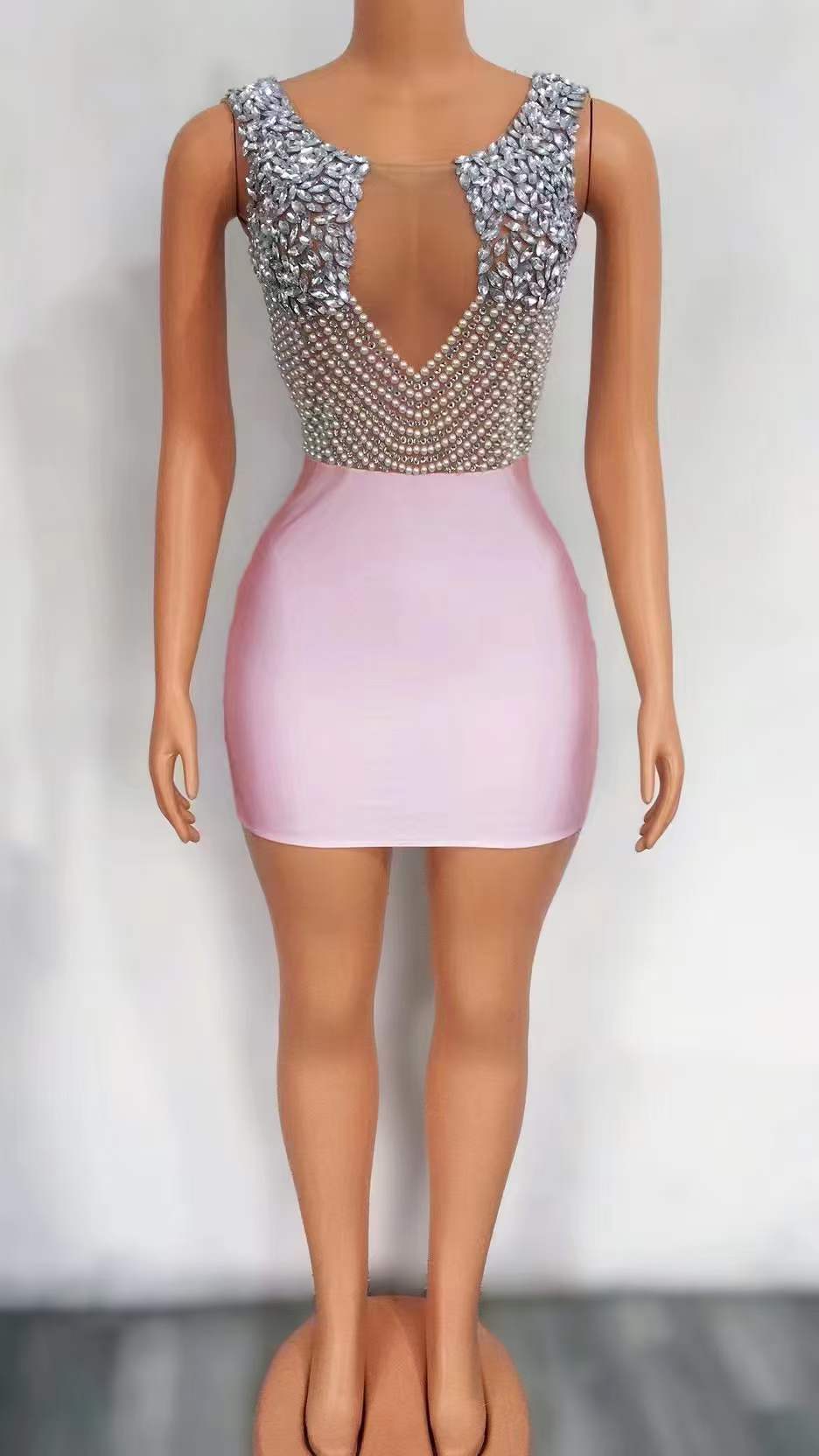 one size / FX220757 pink Simple Luxury Deep V Backless Sleeveless Sexy Slit Mini Bodycon Dress Pearl Elegant Mesh Club Sexy Dress With Diamond