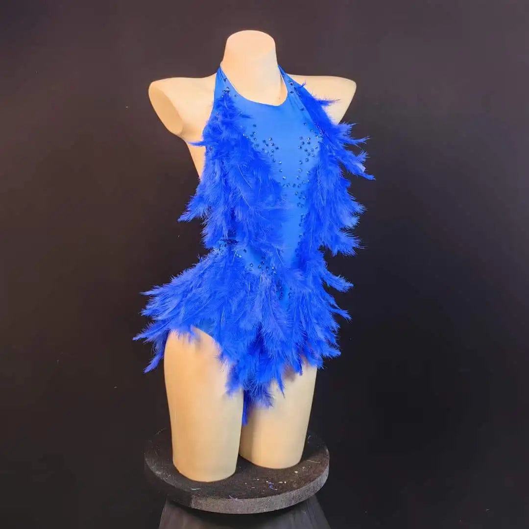 one size / FX230636 Blue Ocstrade Hot Selling Long Feather Sparkly Rhinestone Mesh Bodysuit Performance Backless Halter Neck Bodysuits For Women 2023
