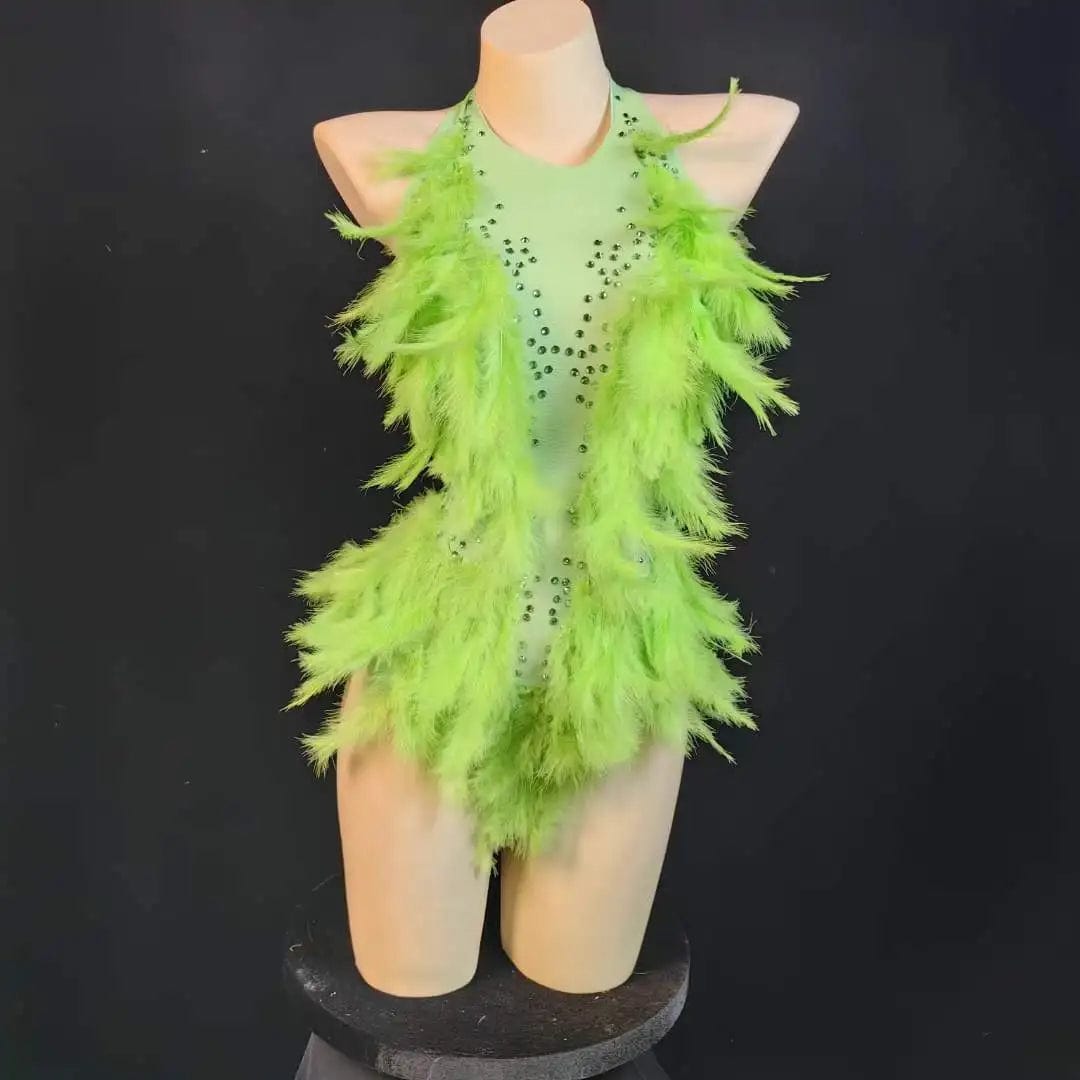 one size / FX230636 green Ocstrade Hot Selling Long Feather Sparkly Rhinestone Mesh Bodysuit Performance Backless Halter Neck Bodysuits For Women 2023