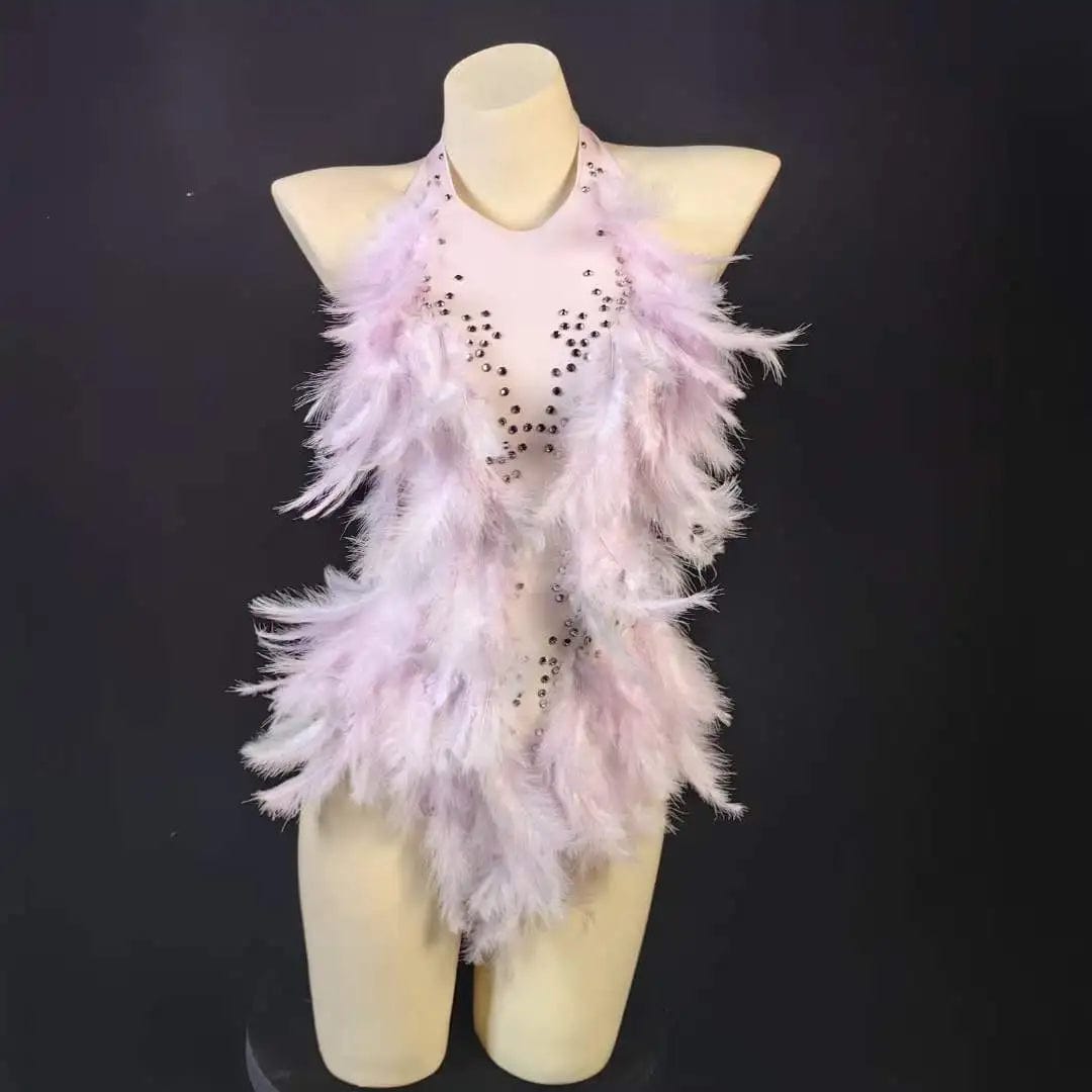 one size / FX230636 Pink Ocstrade Hot Selling Long Feather Sparkly Rhinestone Mesh Bodysuit Performance Backless Halter Neck Bodysuits For Women 2023