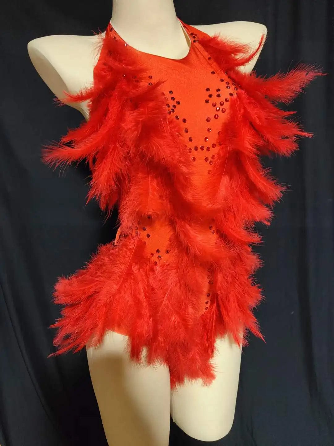 one size / FX230636 Red Ocstrade Hot Selling Long Feather Sparkly Rhinestone Mesh Bodysuit Performance Backless Halter Neck Bodysuits For Women 2023