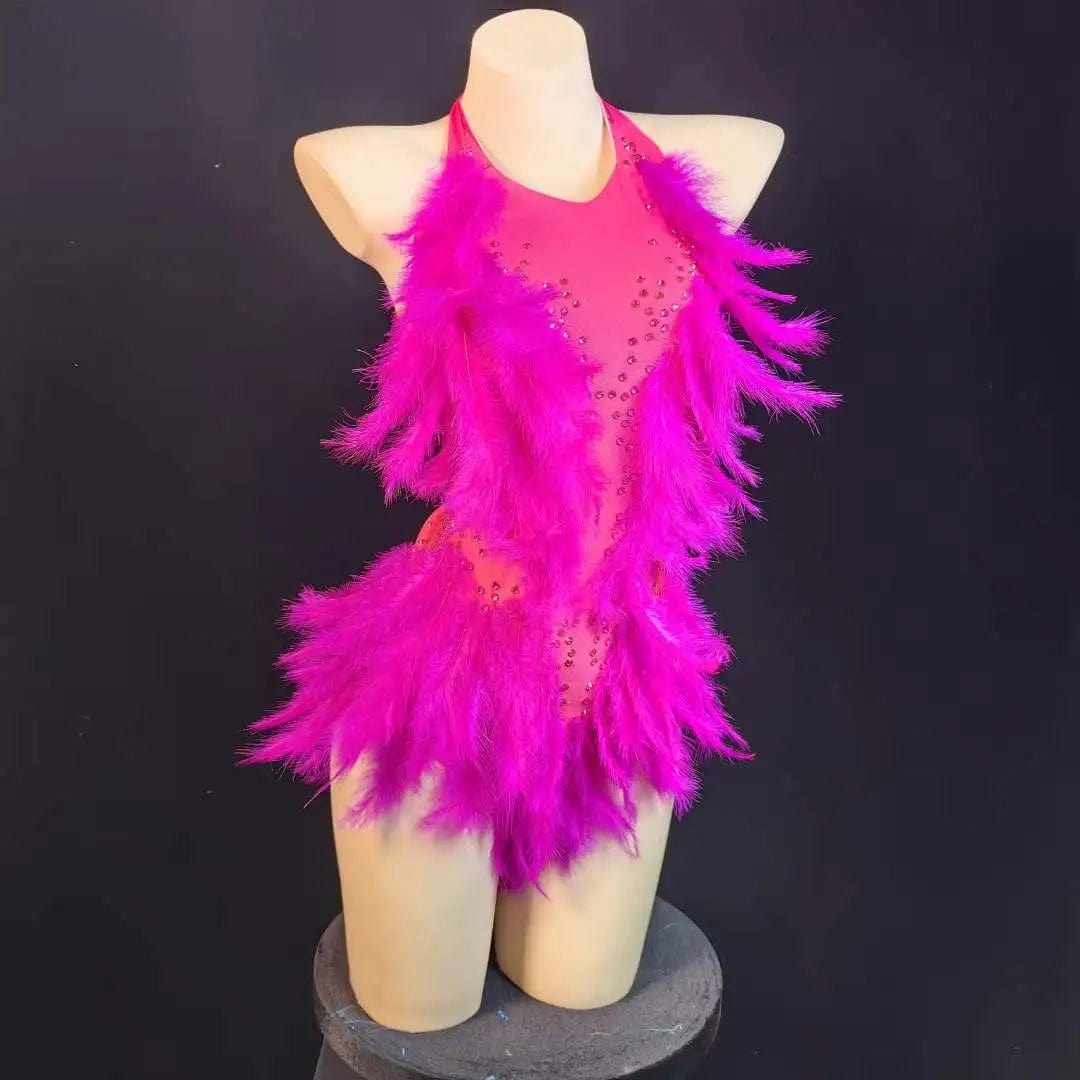 one size / FX230636 rose red Ocstrade Hot Selling Long Feather Sparkly Rhinestone Mesh Bodysuit Performance Backless Halter Neck Bodysuits For Women 2023