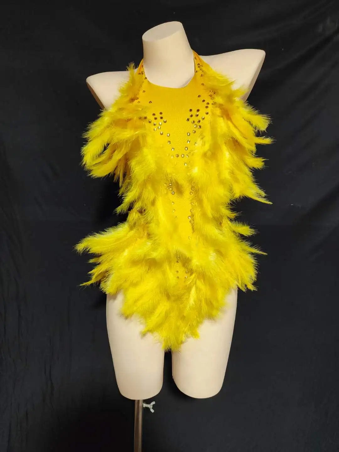 one size / FX230636 Yellow Ocstrade Hot Selling Long Feather Sparkly Rhinestone Mesh Bodysuit Performance Backless Halter Neck Bodysuits For Women 2023