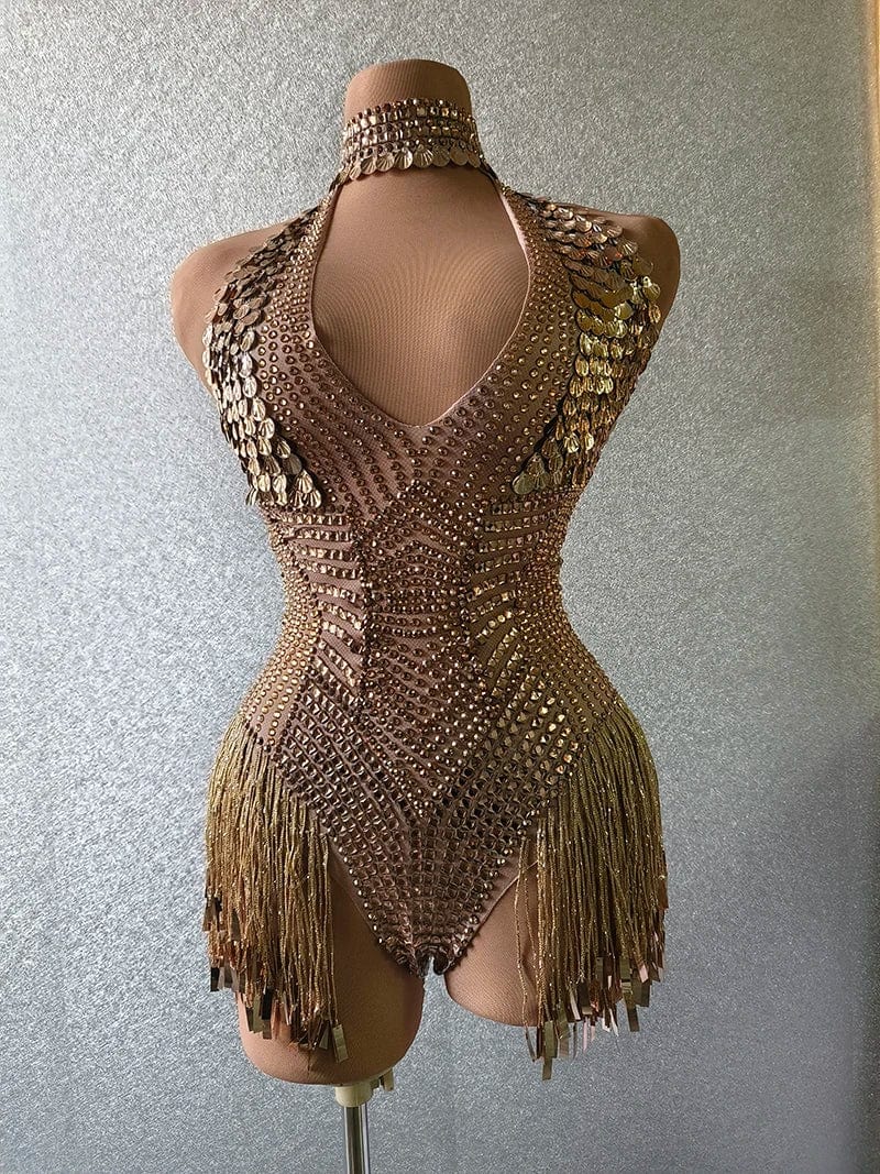one size / Golden NOVANCE trending products 2023 new arrivals shiny sequins crystals golden color sexy deep V neck bodysuit rompers women jumpsuit
