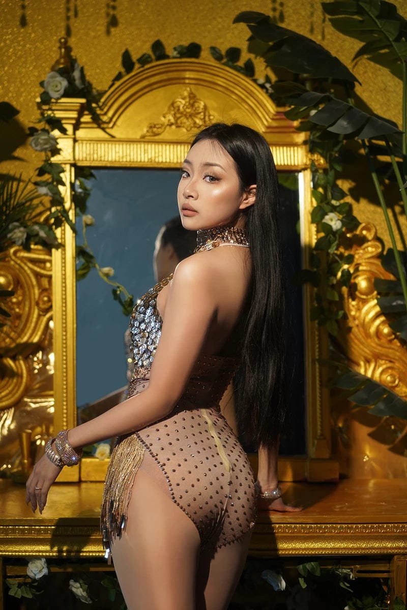 one size / Golden NOVANCE trending products 2023 new arrivals shiny sequins crystals golden color sexy deep V neck bodysuit rompers women jumpsuit