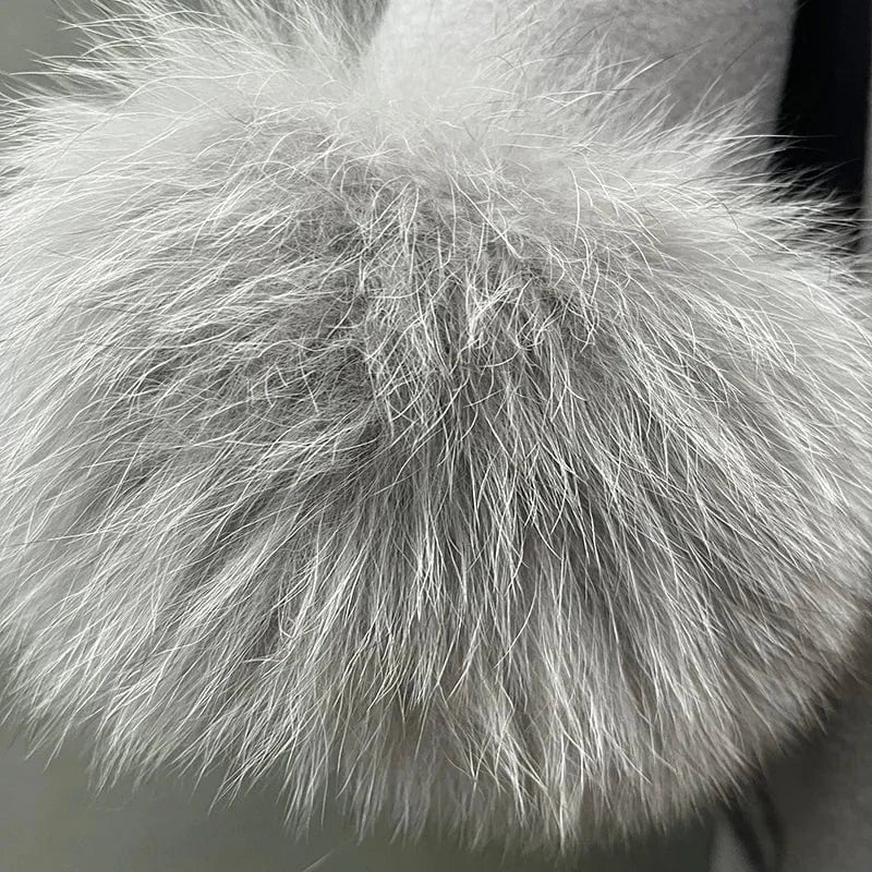One Size / Grey High Quality Double Sided Cashmere Cape Fluffy Real Fox Fur Collar Elegant Poncho