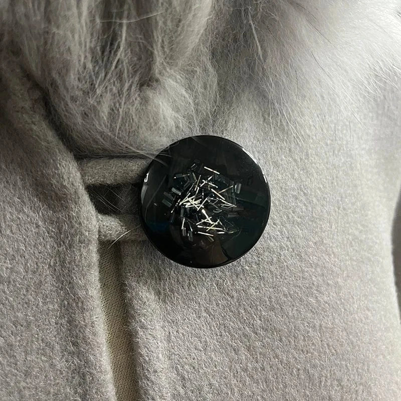 One Size / Grey High Quality Double Sided Cashmere Cape Fluffy Real Fox Fur Collar Elegant Poncho