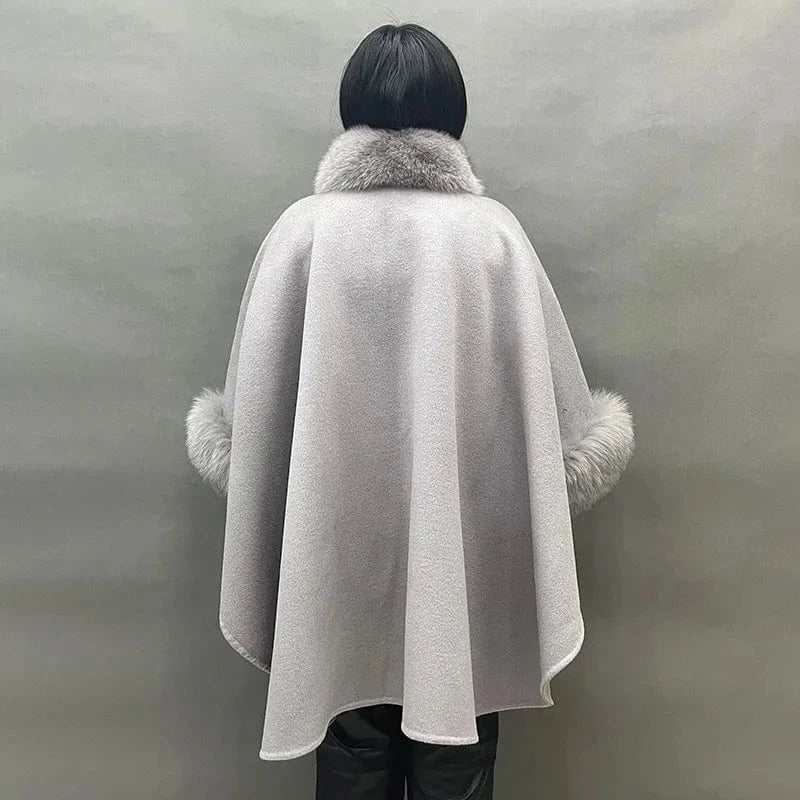 One Size / Grey High Quality Double Sided Cashmere Cape Fluffy Real Fox Fur Collar Elegant Poncho