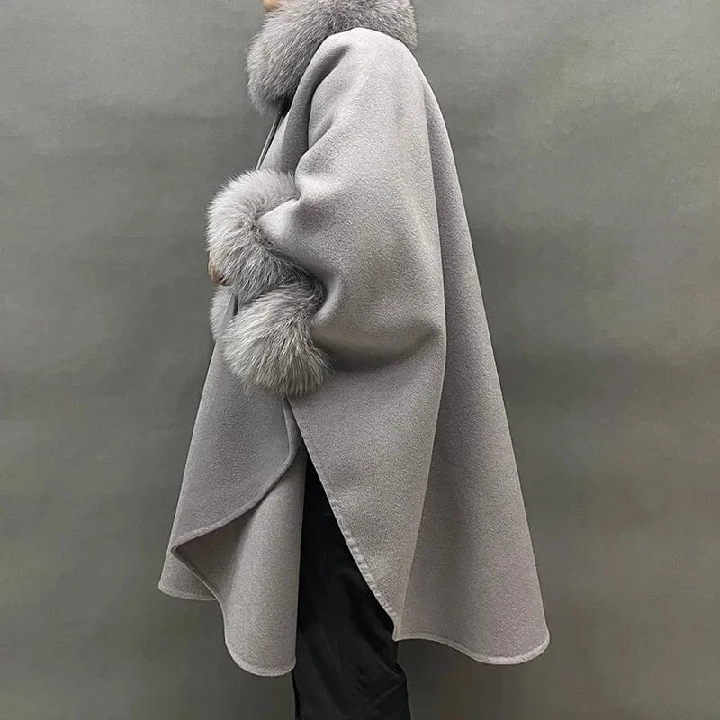 One Size / Grey High Quality Double Sided Cashmere Cape Fluffy Real Fox Fur Collar Elegant Poncho