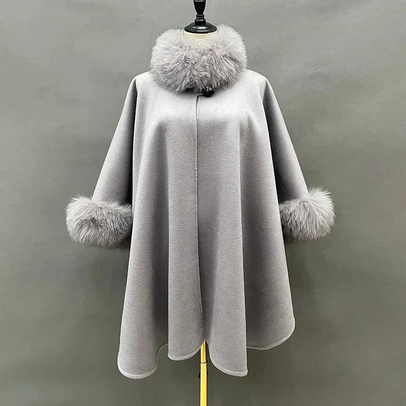 One Size / Grey High Quality Double Sided Cashmere Cape Fluffy Real Fox Fur Collar Elegant Poncho