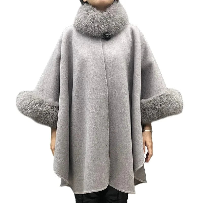One Size / Grey High Quality Double Sided Cashmere Cape Fluffy Real Fox Fur Collar Elegant Poncho