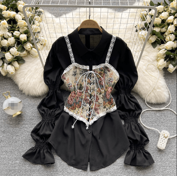 One size New Design Feeling Retro Pattern Strap Wearing Small Vest, Medium Length A-line Poached Shirt Skirt 2-piece set
