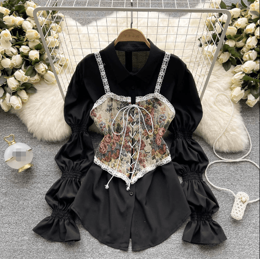 One size New Design Feeling Retro Pattern Strap Wearing Small Vest, Medium Length A-line Poached Shirt Skirt 2-piece set