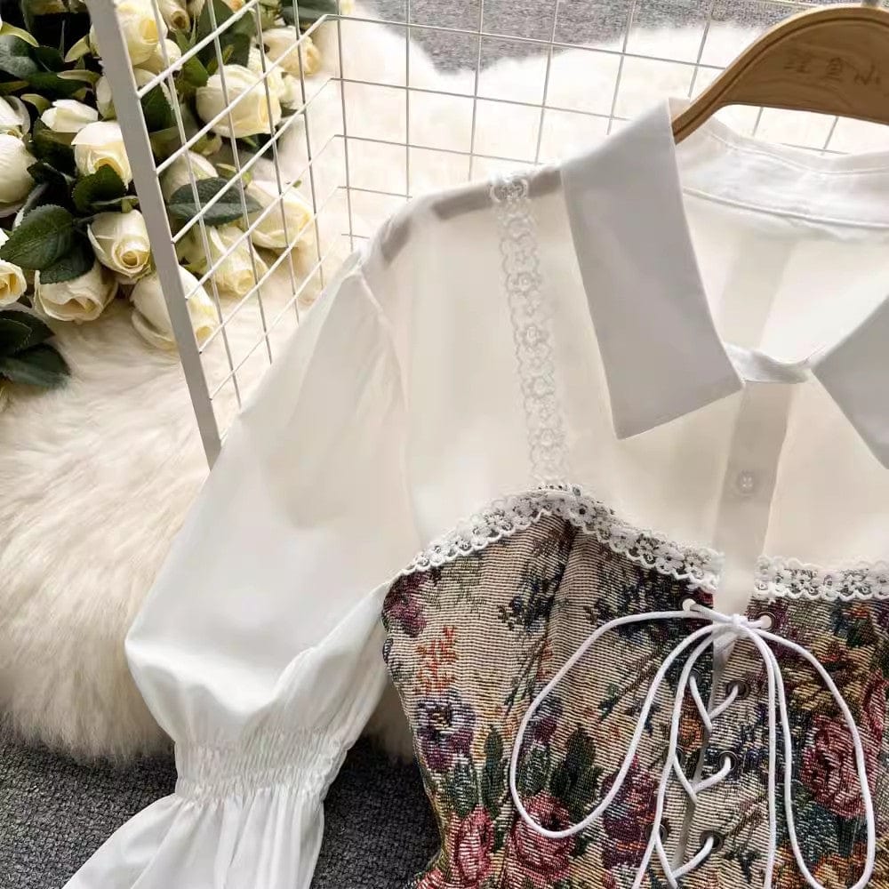 One size New Design Feeling Retro Pattern Strap Wearing Small Vest, Medium Length A-line Poached Shirt Skirt 2-piece set