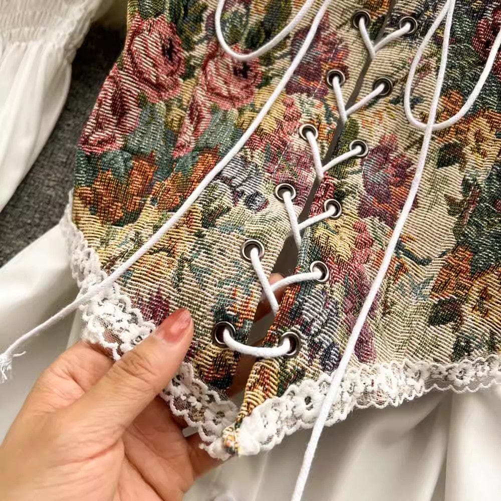 One size New Design Feeling Retro Pattern Strap Wearing Small Vest, Medium Length A-line Poached Shirt Skirt 2-piece set