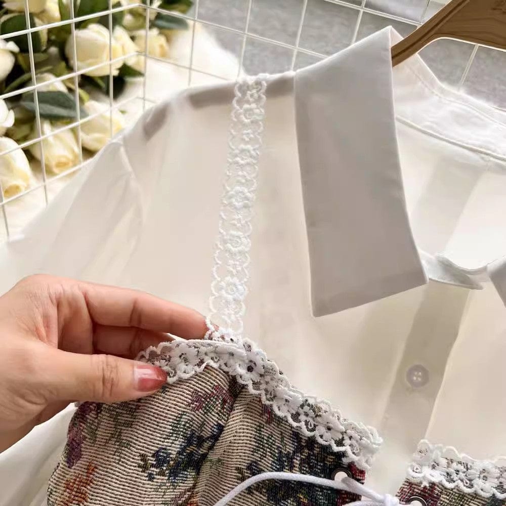 One size New Design Feeling Retro Pattern Strap Wearing Small Vest, Medium Length A-line Poached Shirt Skirt 2-piece set