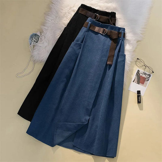 One size New High Waist Umbrella skirt Large Swing Long skirt  Irregular Loose A-line Half length Straight  skirt  +Belt