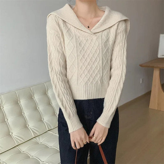 One Size New Vintage V-Neck High Fashion High Waist Short Pullover Knit Long Sleeve Sweater