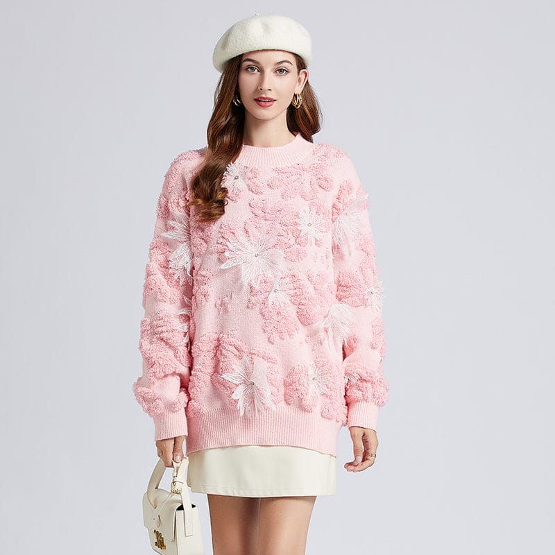 one size / Pink Autumn and winter age reduction foreign style snowflake embroidery nail bead lazy wind sweater snow velvet jacket OS5333083