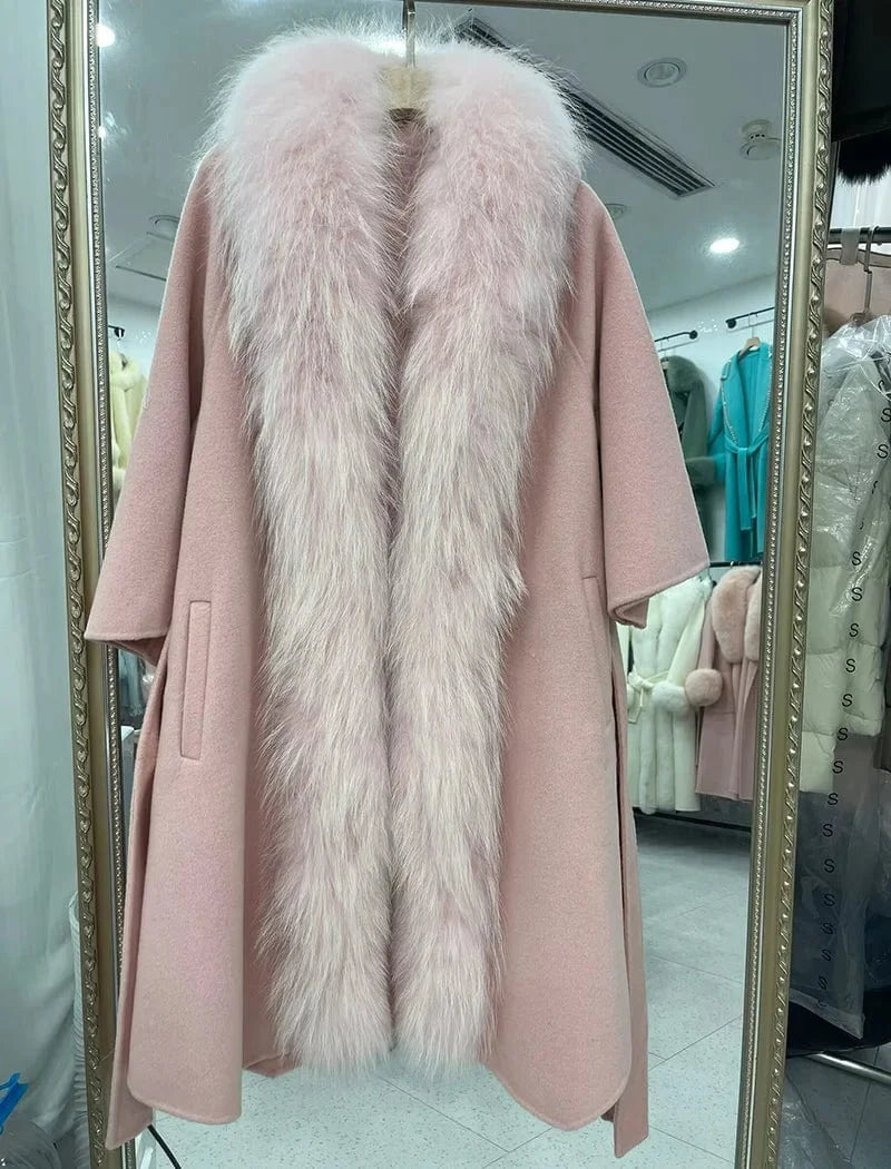 One Size / Pink Luxury Double Sided Belted Wool Coat Women Real Fox Fur Collar Cashmere Trench Coats