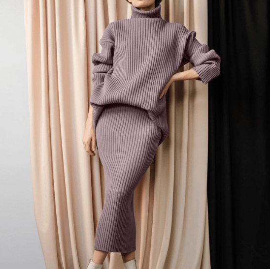 One size pit stripe skirt high neck sweater set for women loose fitting warm pullover sweater two-piece set